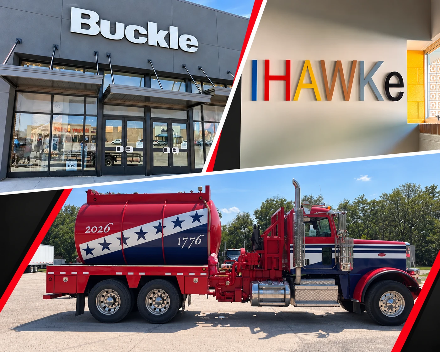 Buckle storefront awnings, HAWKe dimensional signage and MacLaskey tanker truck with a red, white and blue wrap